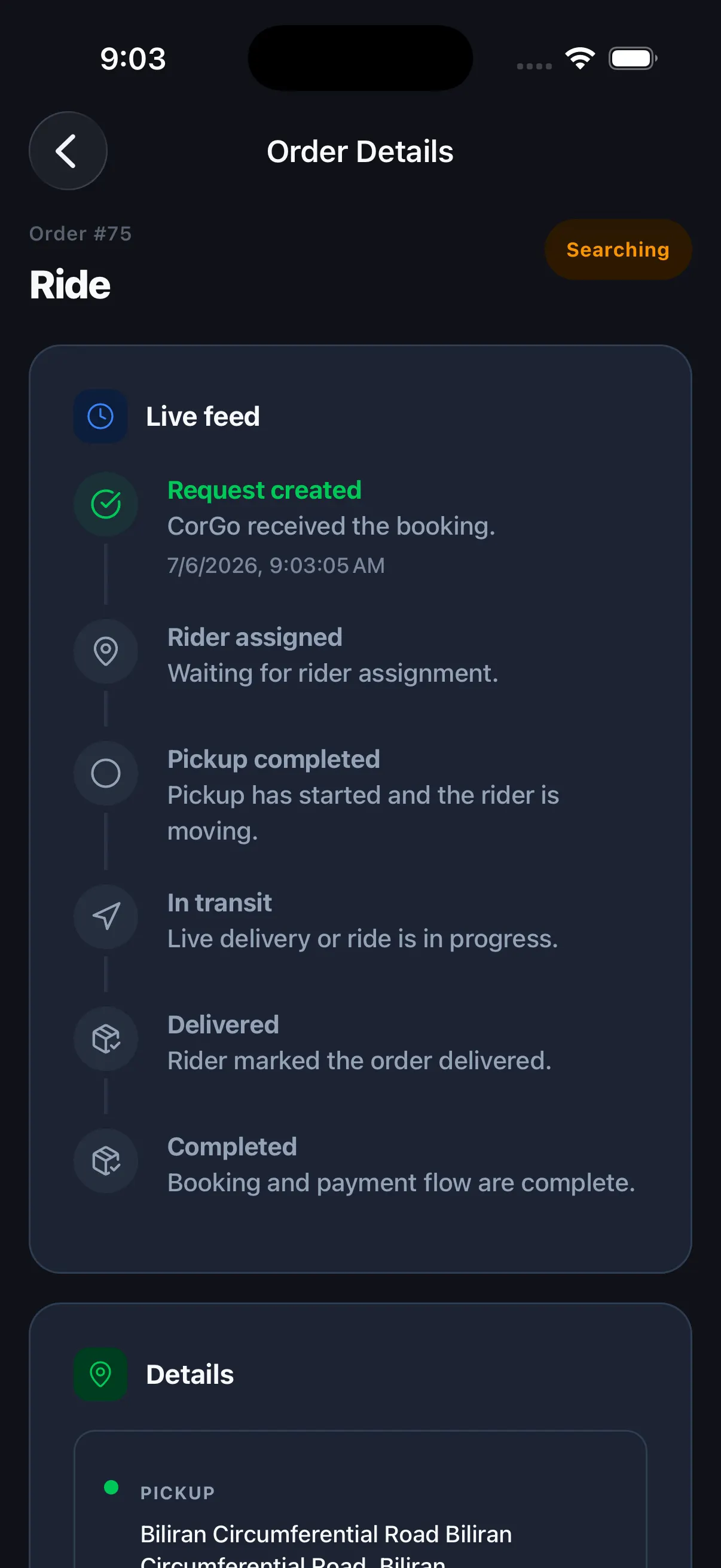 Ride booking confirmation screen